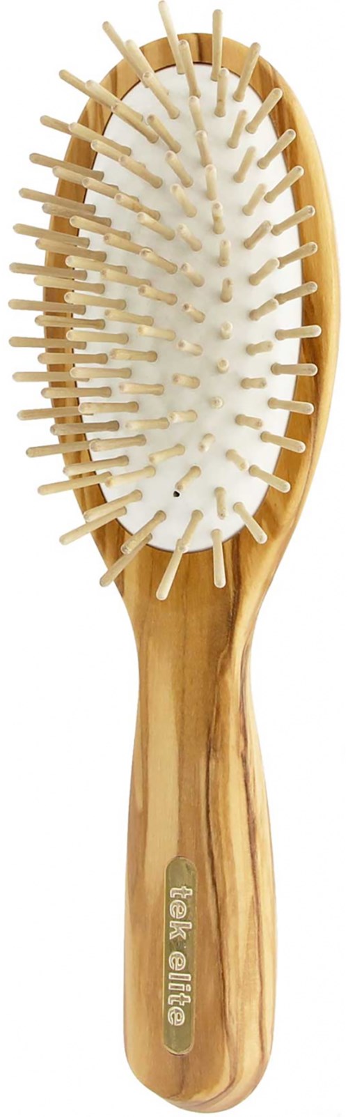 Eine Holzhaarbürste mit weißer Polsterung und Holznadeln zum Kämmen der Haare.
