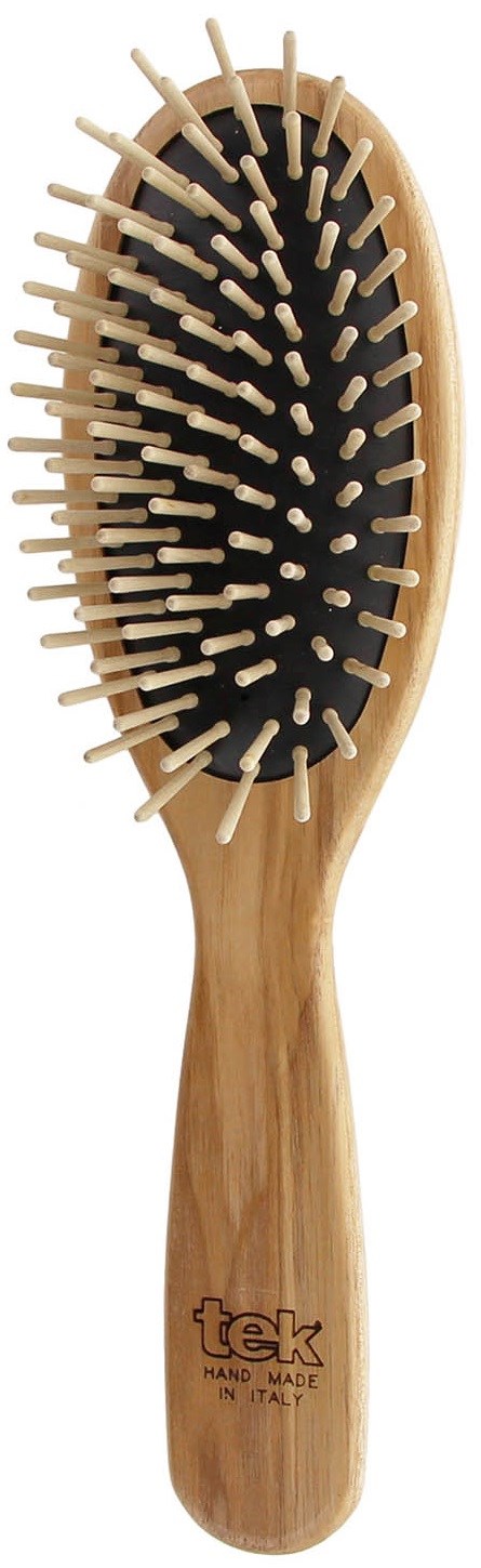 Eine Holz-Haarbürste mit vielen Kunststoffzähnen und einem schwarzen Boden im Bürstenkopf.