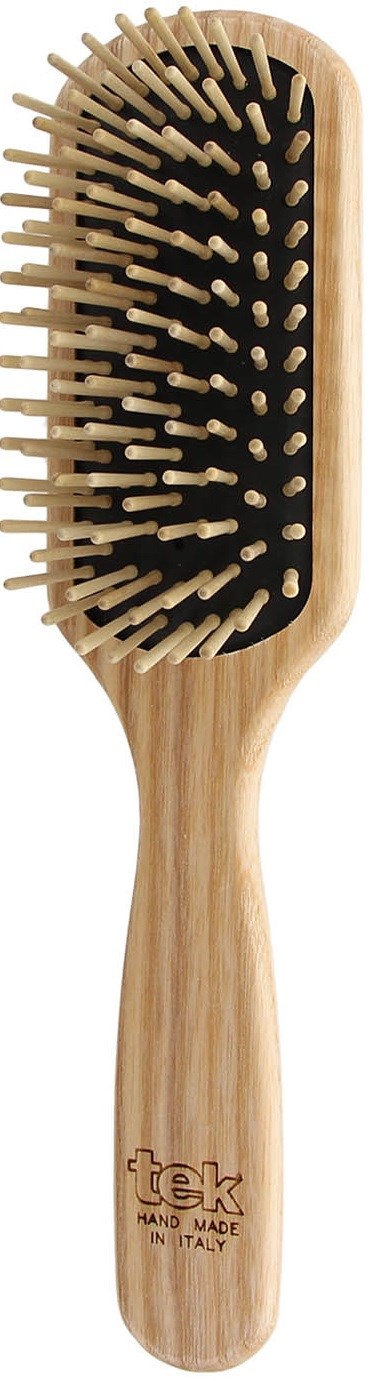 Eine Holz-Haarbürste mit schwarzem Polster und vielen hellen Borsten, beschriftet "tek" und "Hand Made in Italy."