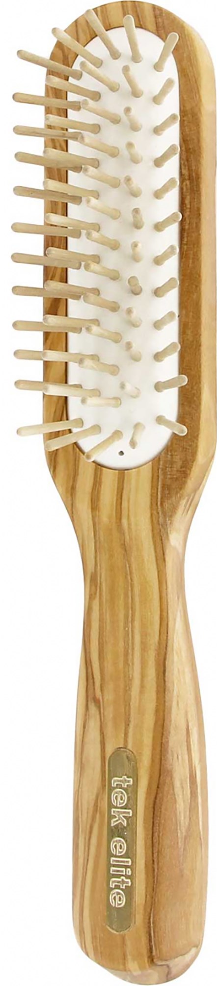 Eine Holzhaarbürste mit weißen Borsten und Paddle-Form, zum Kämmen der Haare.