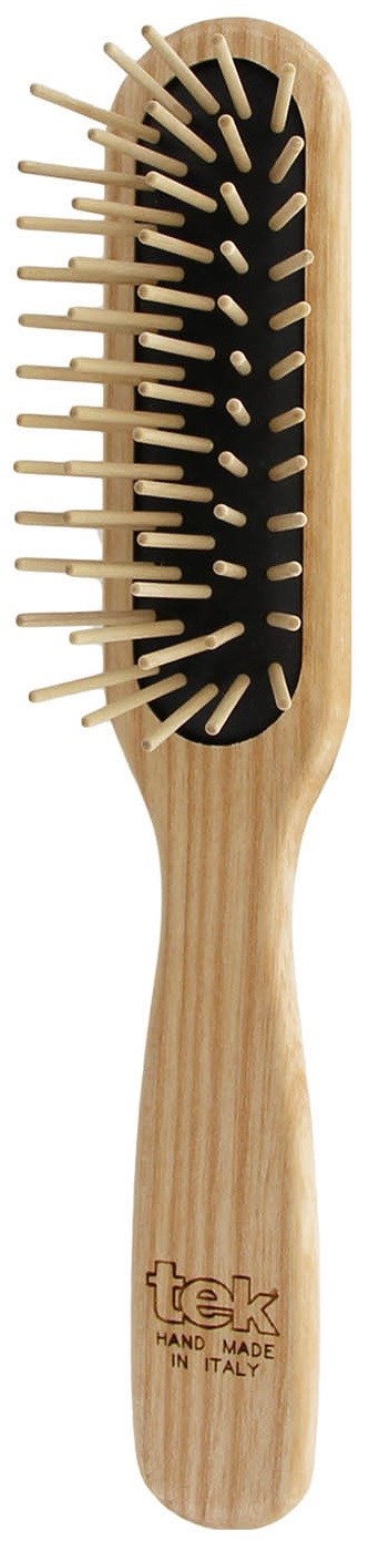 Holzbürste mit schwarzer Polsterung und vielen gleichmäßig verteilten Borsten. Griff aus hellem Holz.