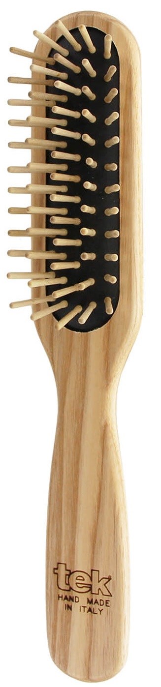 Eine Holzhaarbürste mit schwarzem Kissen und zahlreichen Holzstiften. Sie ist mit 'TEK HAND MADE IN ITALY' gekennzeichnet.