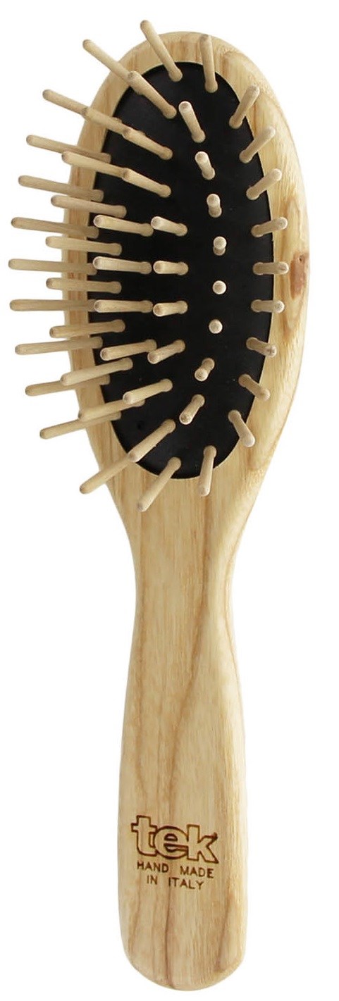 Eine Holz-Kamm-Bürste mit schwarzer Polsterung und zahlreichen Holzborsten, die in alle Richtungen ragen.