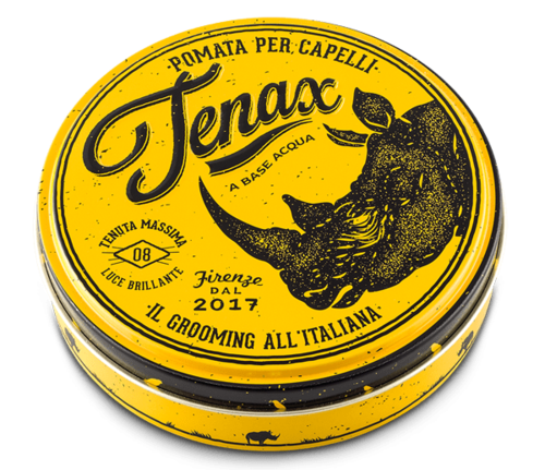 Round container with yellow lid, black text, and a detailed illustration of a dog’s head.