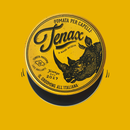 A round yellow container with black text and a wolf illustration, named Tenax, for hair product, dated 2017.