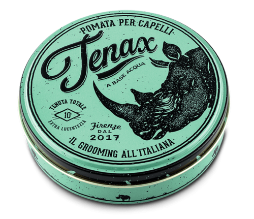 A round container with a mint green label, black text, and a drawing of a rhino head. It is hair grooming cream.