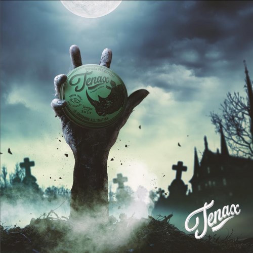 A hand holds a green coin with a bat symbol, in a spooky graveyard at night with tombstones and a full moon.