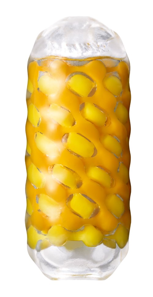 A capsule filled with yellow pills and white powder on top and bottom.