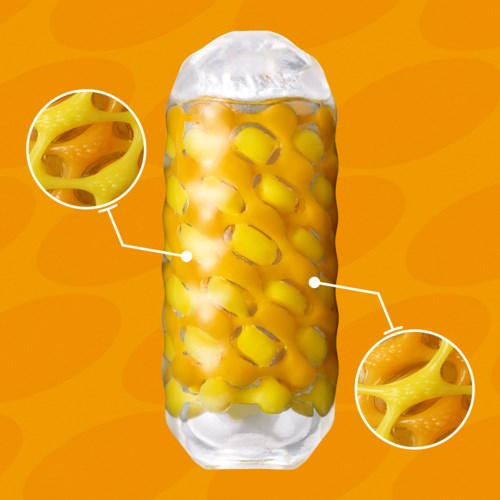 The image shows a diagram of a capsule with detailed close-ups of its yellow, gooey interior parts on an orange background.
