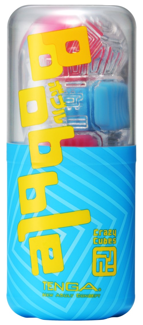 Ein Kunststoffbehälter mit bunten kleinen Würfeln innen, gekennzeichnet als Crazy Cubes.