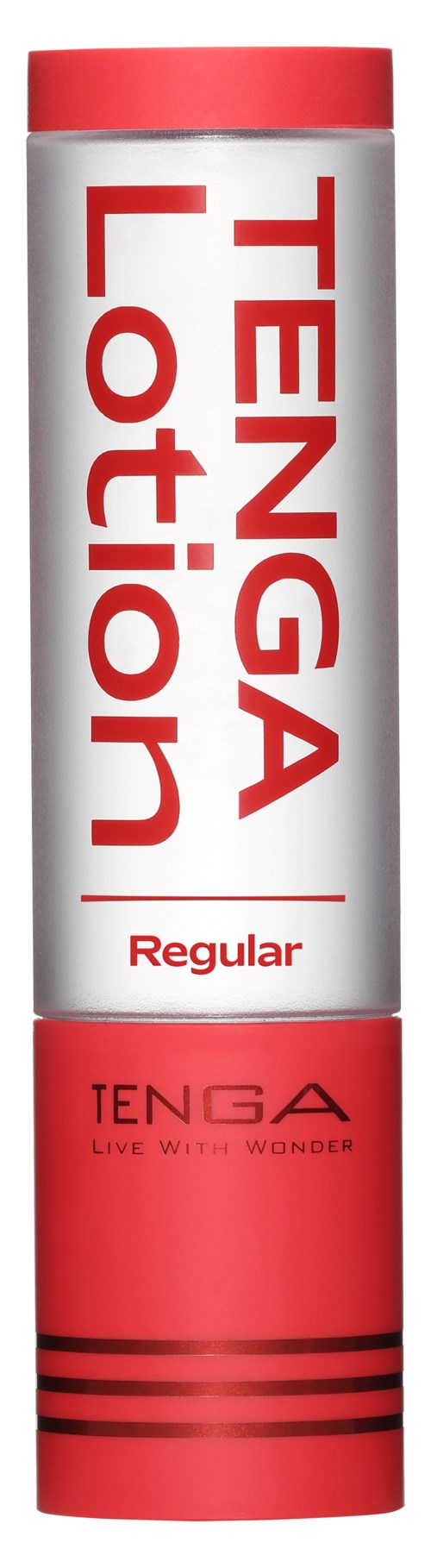 A red and white cylindrical container with words 'TENGA Lotion' and 'Regular' on it.