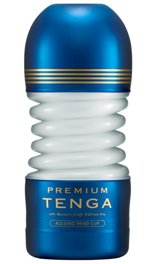Ein blauer und weißer Behälter mit goldenen Streifen, beschriftet "PREMIUM TENGA," für einen rollenden Kopfbecher.