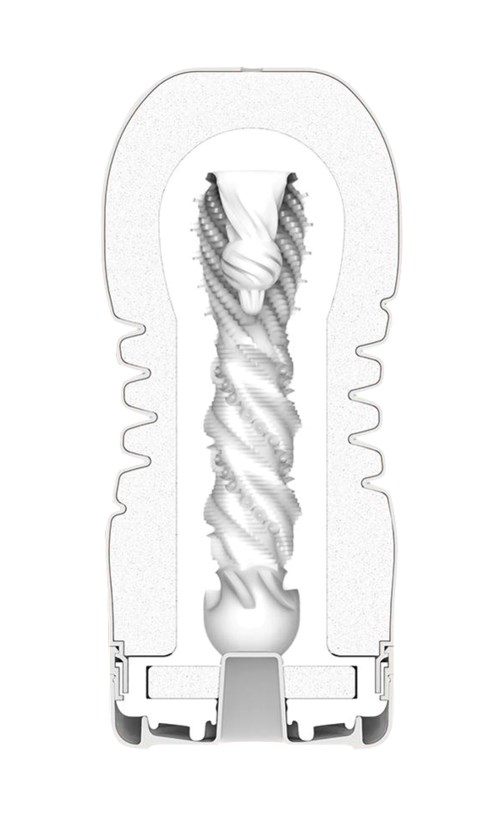 Ein detailliertes Querschnittsbild einer Spiralform in einem Gerät mit markierten Teilen und weißem Hintergrund.