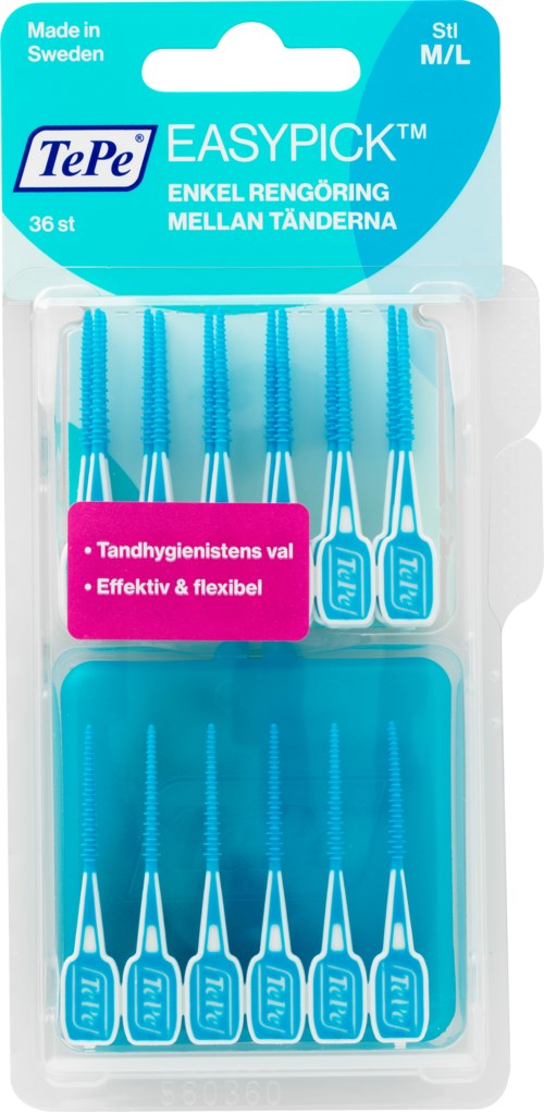 Blue toothbrush cleaning picks in a clear plastic package, labeled "EASY PICK" for simple gum cleaning, made in Sweden.