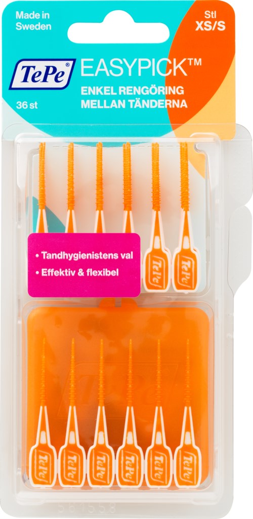 A pack of 36 orange dental floss picks, labeled as easy and flexible for cleaning between teeth.