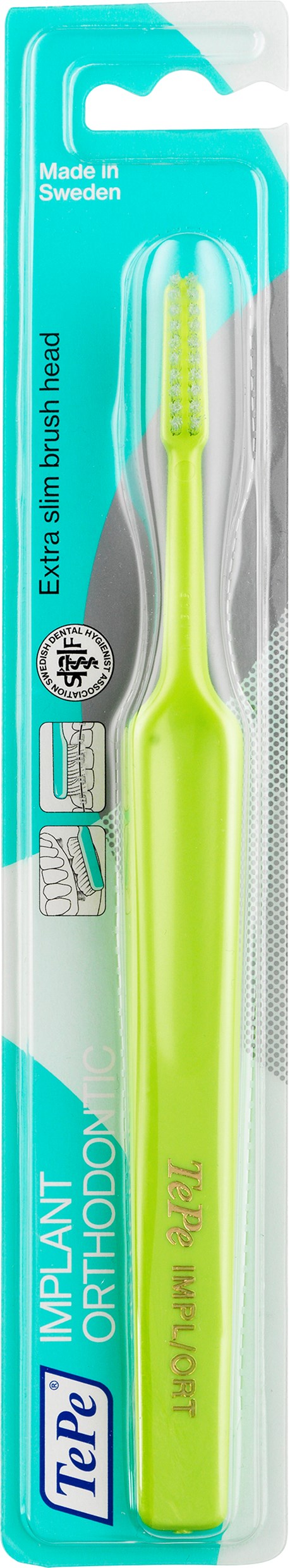 A bright yellow toothbrush with a green handle, in blue and white packaging, labeled as 'Im Plastic Orthodontic.'