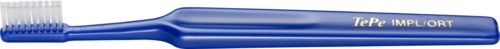 A blue toothbrush with the brand name 'TePe IMPLANT' written on it, with a textured grip area.