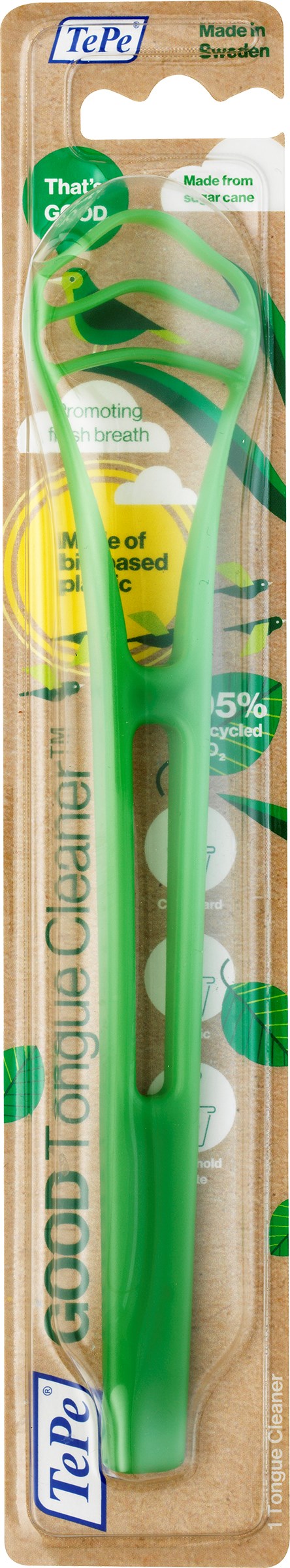 Green toothbrush in clear plastic packaging with brand name and product details. Contains a toothbrush made from recycled plastic.