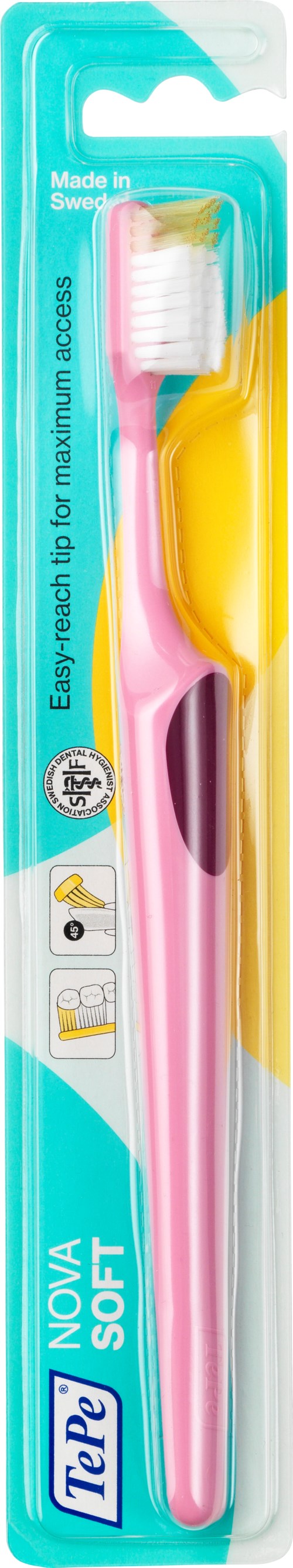 A pink and white toothbrush with a yellow toothbrush cover on packaging labeled 'TePe Nova Soft' for gentle cleaning.