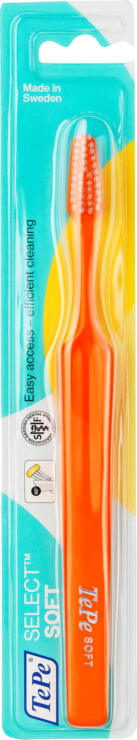 Orange toothbrush with a textured blue and white packaging, labeled "Tapé Soft," made in Sweden.