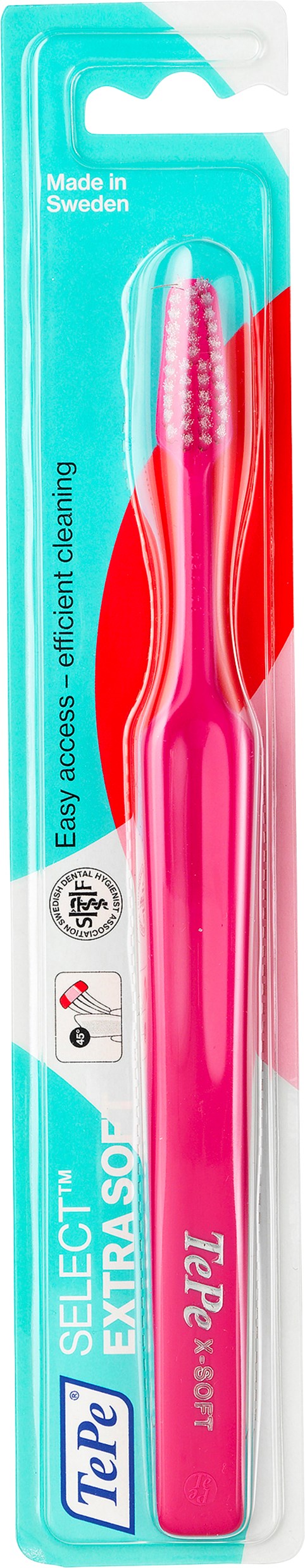 Rosa tandborste i blå förpackning, märkt 'TePe Select Extra Soft'. Tillverkad i Sverige för skonsam rengöring.