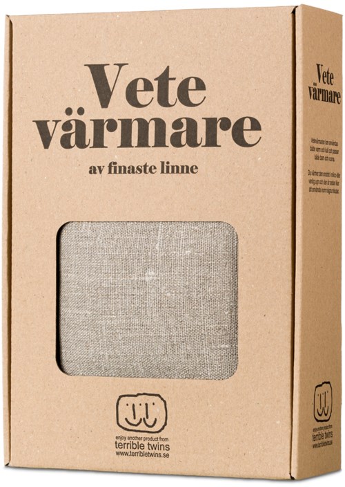 En pappeske inneholder en varmeapparat i fineste lin. Tekst og et lite gjennomsiktig vindu viser produktet.