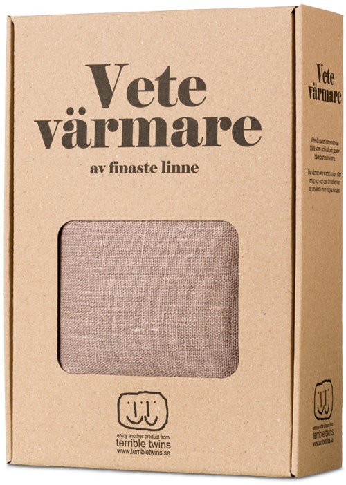 Papirkasseemballasje for et ullpledd med tekst og et lite vindu som viser pleddet inni.
