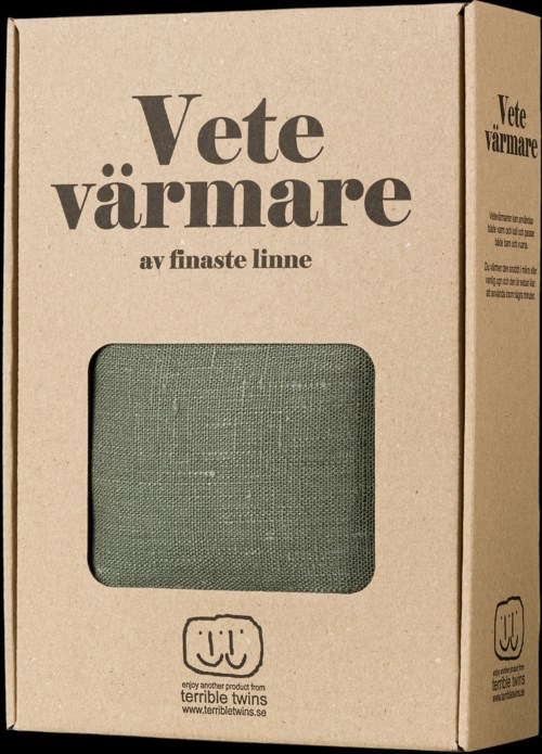En eske mer teksten "Vete värmare" med et lite vindu og et logo nederst.