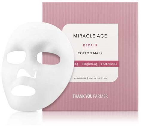 A white facial mask beside pink box labeled 'Miracle Age Repair Cotton Mask' with benefits listed and thank you message.