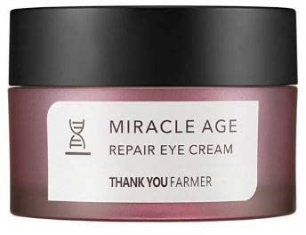 A pink jar of Miracle Age repair eye cream with a black lid, labeled with brand and product name, and a thank you message.