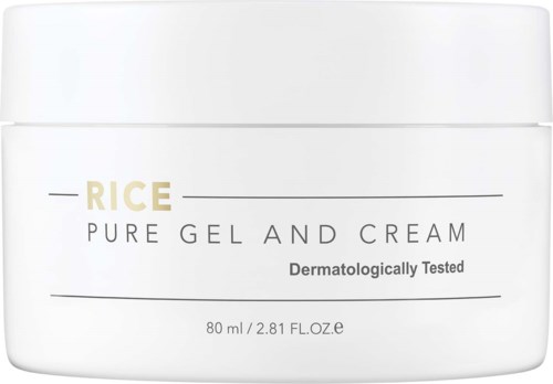 A white jar of rice-based skincare cream labeled 'Pure Gel and Cream', tested for skin safety, with a simple design.