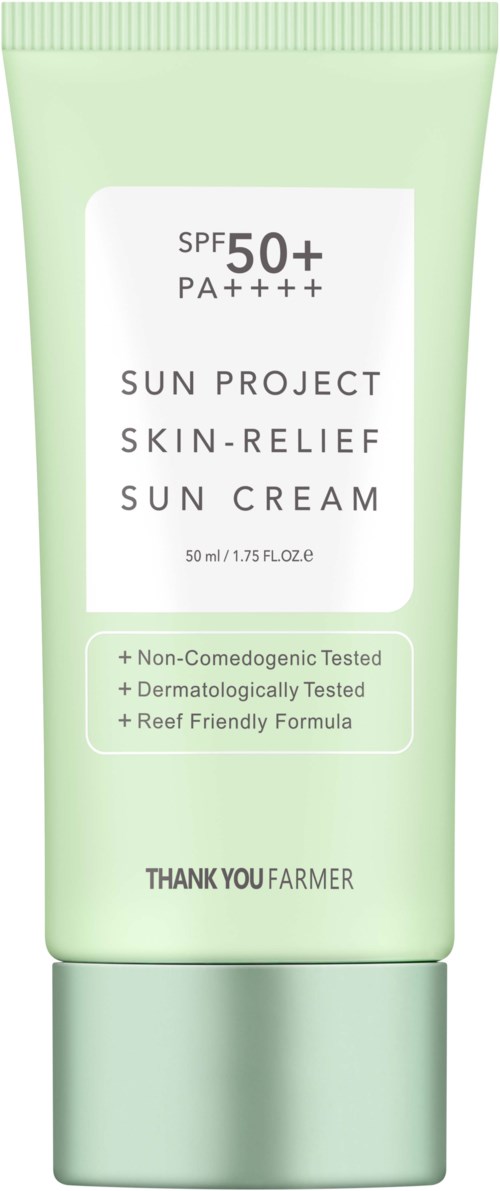 Green tube of sun cream with SPF 50+ and PA++++, labeled Sun Project Skin Relief, lightweight and dermatologist tested.
