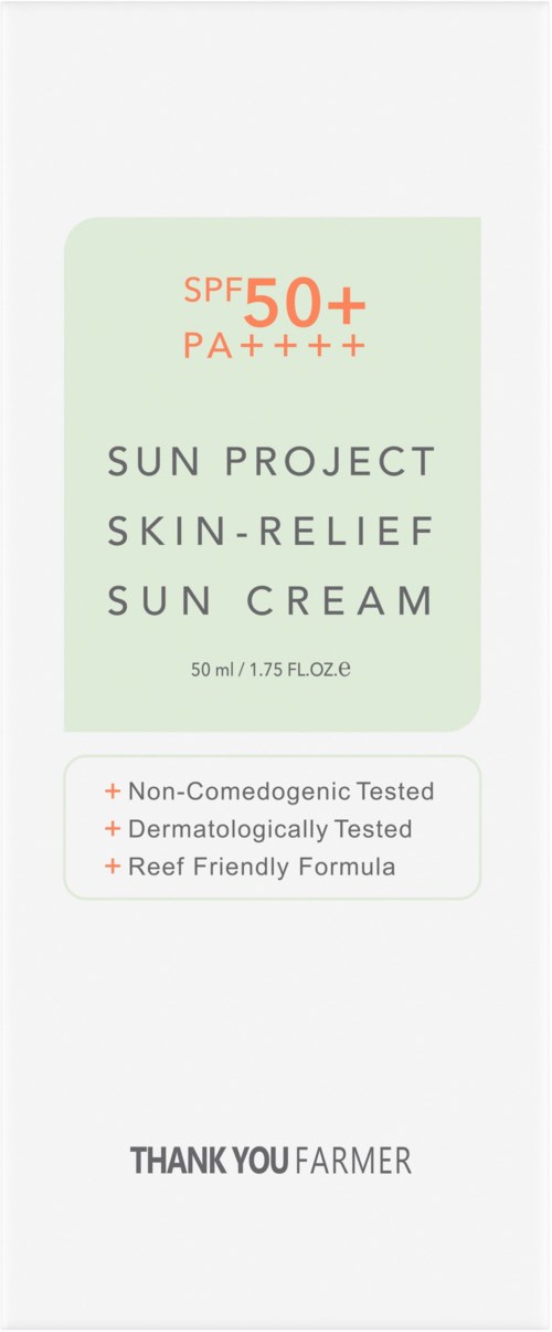 A sun cream labeled SPF 50+ for skin relief, with tested and reef-friendly features, in a plain package.