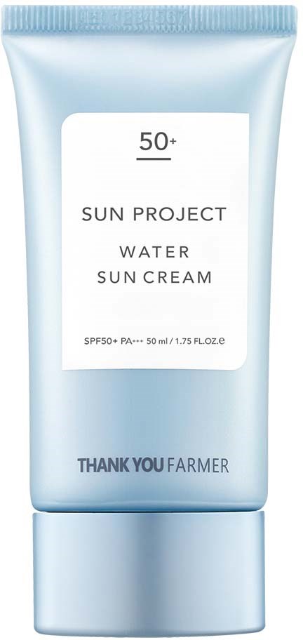 A light blue tube of sun cream labeled 'Sun Project Water Sun Cream' with SPF 50+ and brand 'Thank You Farmer'.