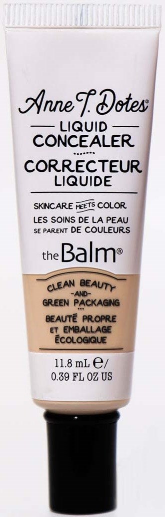 Eine weiße Tube mit schwarzem Text, gekennzeichnet als flüssiger Concealer von theBalm, 11,8 ml.