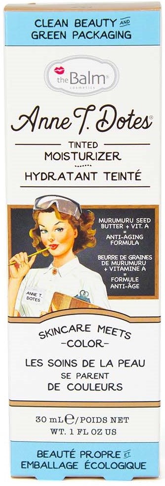 Een doos getinte vochtinbrengende crème met een retrostijl afbeelding van een vrouw die make-up aanbrengt.