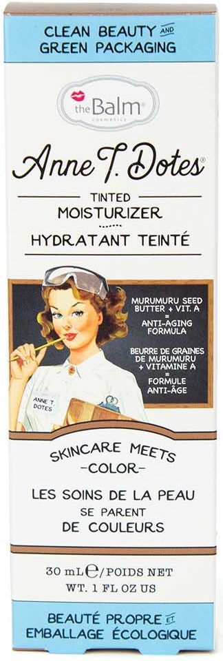 En förpackning med pigmenterad fuktighetskräm med en vintage-inspirerad bild av en kvinna, lite text om ingredienser och miljövänlig förpackning.