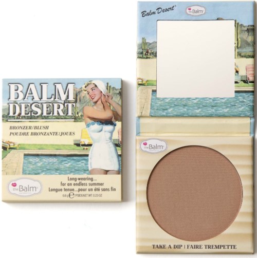 Pakkausaurinkohtauksesta nimeltä "Balm Desert", nainen uimapuvussa ja sininen tausta. Sisältää peilin ja siveltimen.
