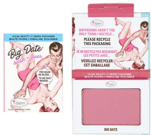 A pink and white cosmetic packaging with retro pin-up girl artwork and text about recycling and blush.