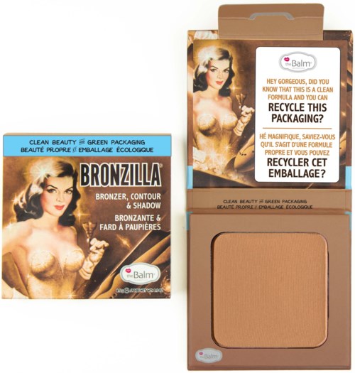 Packaging for a bronzing powder showing a woman with light skin and dark hair, with blue and orange text and logo.