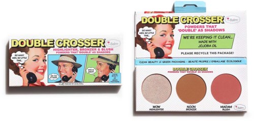 Make-up palette met highlighter, bronzer en blush in een kleurrijke doos.