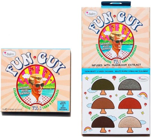 Kleurrijke verpakking met lachende vrouw in zonnebril, champignons, regenbogen en sterren, promotie van paddenstoelvormige zonnebrillen.