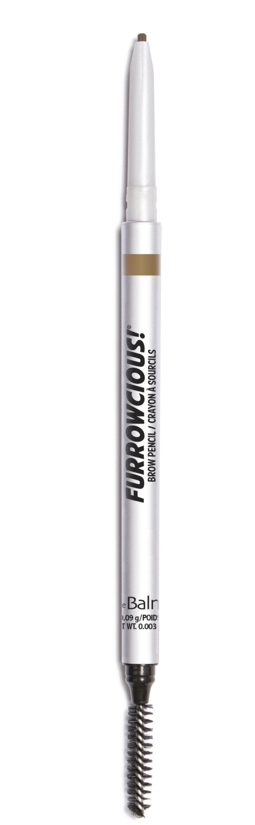 Ein weißer Make-up-Stift mit gedrehter Spitze und farbigen Band in der Nähe des oberen Endes.