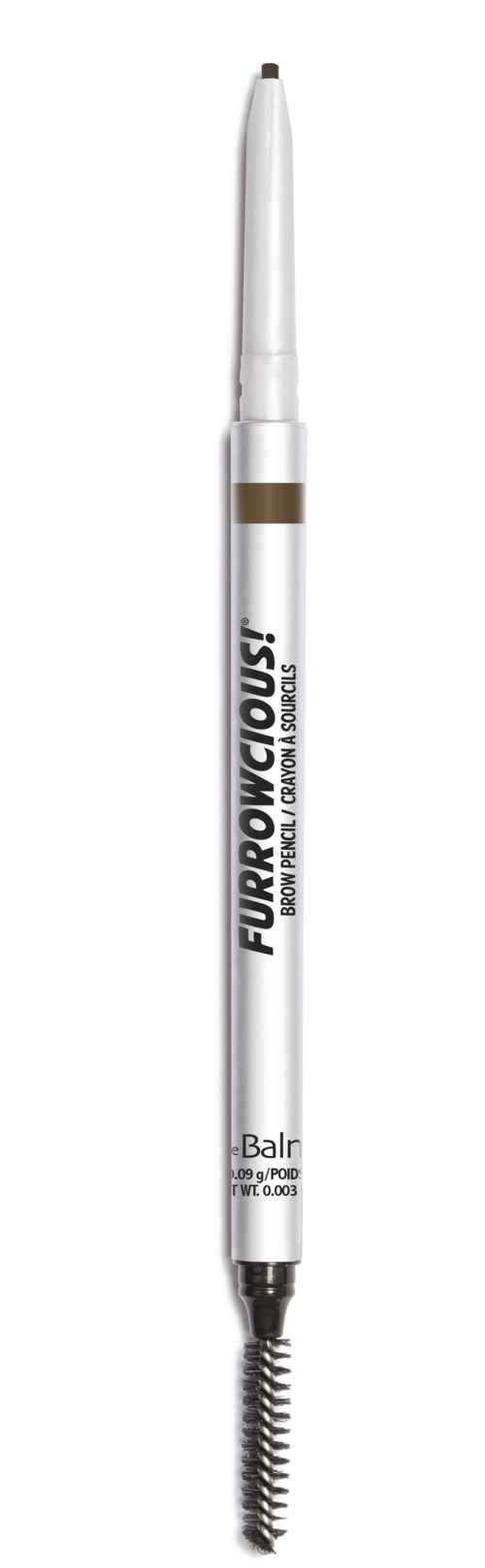 Make-uppotlood met ingebouwde kam en wit lichaam, gelabeld 'FURROW-COLOURIST'.