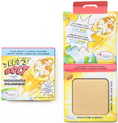 A box of The Balm highlighter called "Let's Bolt", with a yellow comic-style lightning design and a woman smiling.