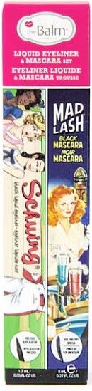 Een roze en paarse doos voor een make-upproduct genaamd 'theBalm' met cartoonillustraties van vrouwen en make-upproducten.