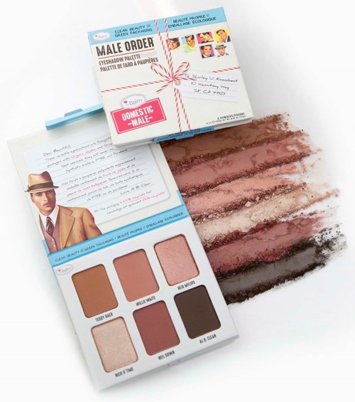 Een make-up palette met verschillende tinten, een brief met handgeschreven notities en een doos gemarkeerd 'Male' oogschaduwpalette.