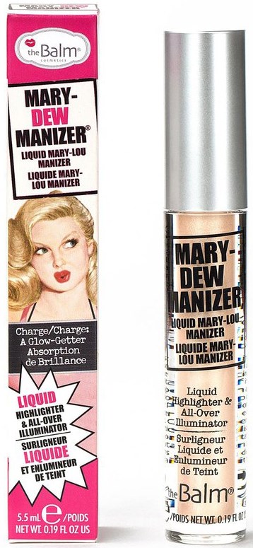 Ein Kosmetikprodukt mit Verpackung und Flasche, zeigt eine blonde Frau mit Make-up, namens Mary-Dew Manizer.