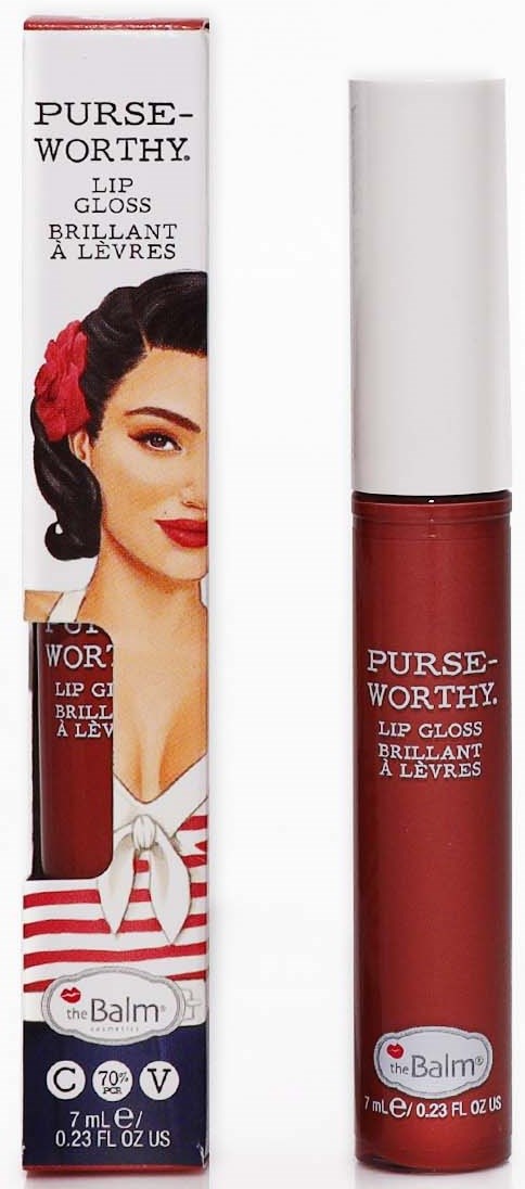 Rode lipglosshuls en doos met vintage vrouwillustratie, rood bloem in haar, en productbeschrijving.