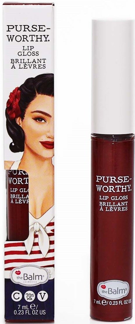 Lippenstift genaamd PursWorthy van the Balm met retro stijl en een vrouw met vintage make-up op de doos.